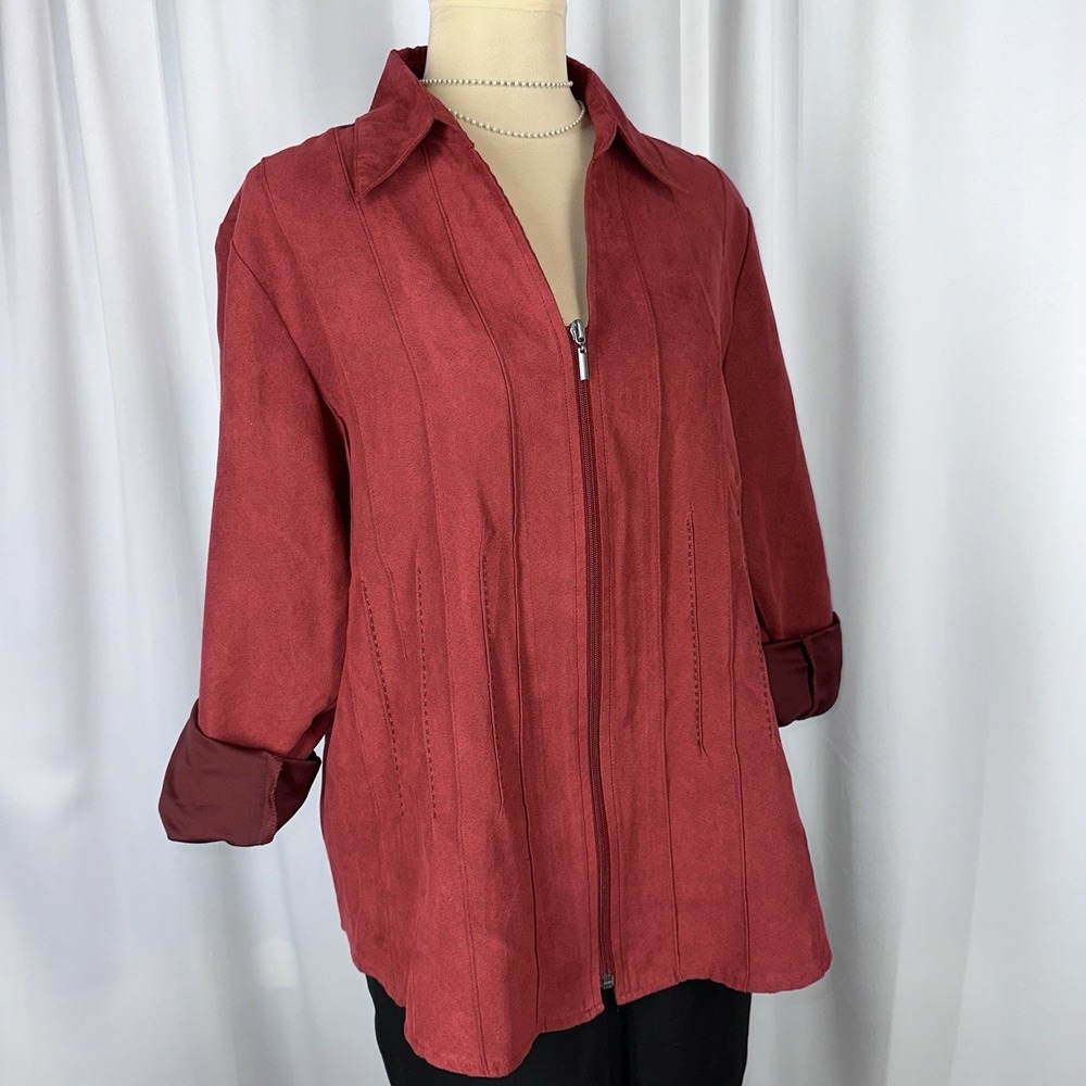 Lemon Grass Studio Microsuede Jacket Sz XL‎ Pleated Deep Red Zip Closure